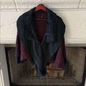 Women's Black and Red Sweater with Faux Fur Collar